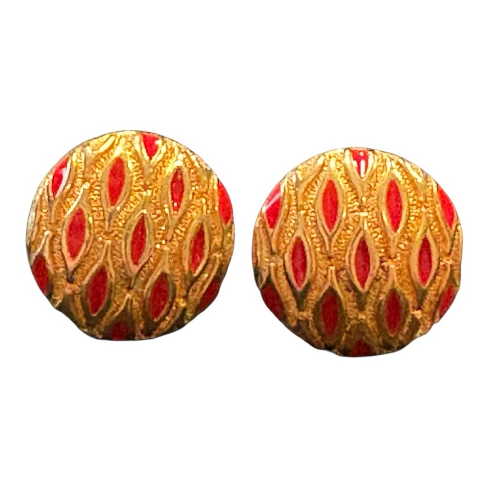 Vintage gold tone red enamel patterned PAT clip on earrings. JB4